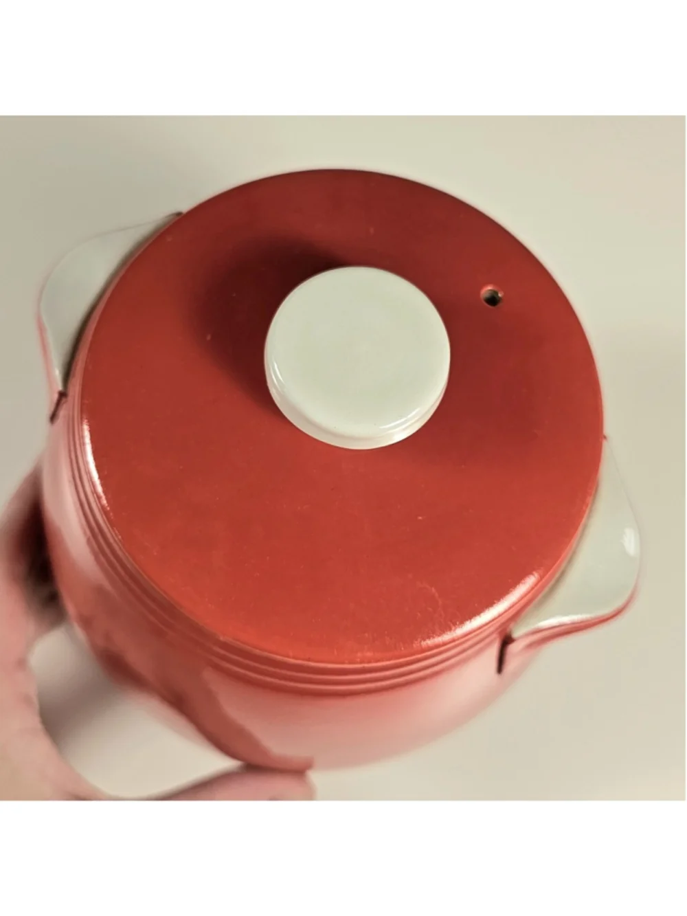 Vintage Hall China PERT Bean Pot Cookie Jar Chinese Red White Knob Lid MINT